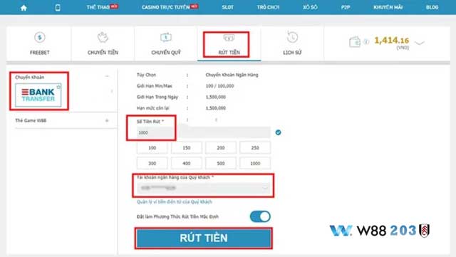 Xác nhận thông tin đúng rồi nhấn rút tiền W88 nhé